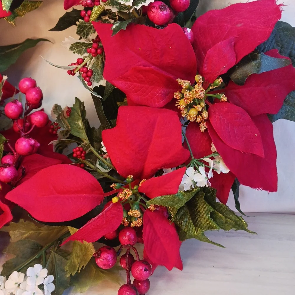 Poinsettia Berry Christmas Wreath 14 Inch Holiday Door Faux Flowers